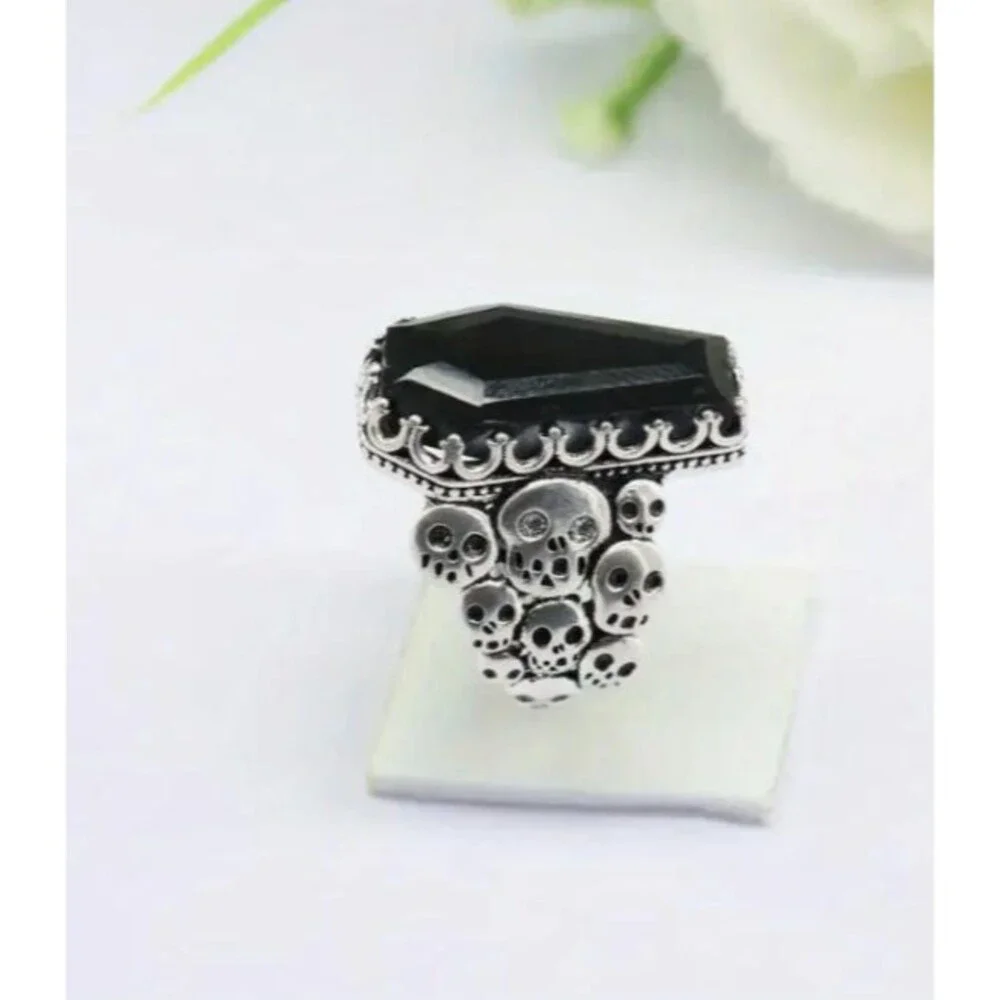 Mens Black Casket Coffin Skulls Ring 8 Crystal Eyes Women